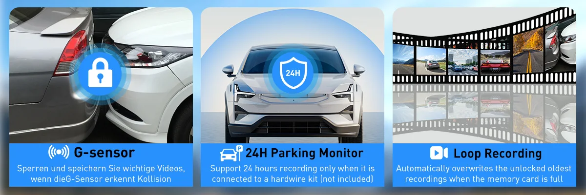 ESSGOO 11,26 Zoll Tragbare Dashcam Rückfahrkamera Carplay Android Auto 4K DVR Navi-Player Dual-Objektiv-Recorder Armaturenbrett WIFI BT AUX GPS FM – Detail 6