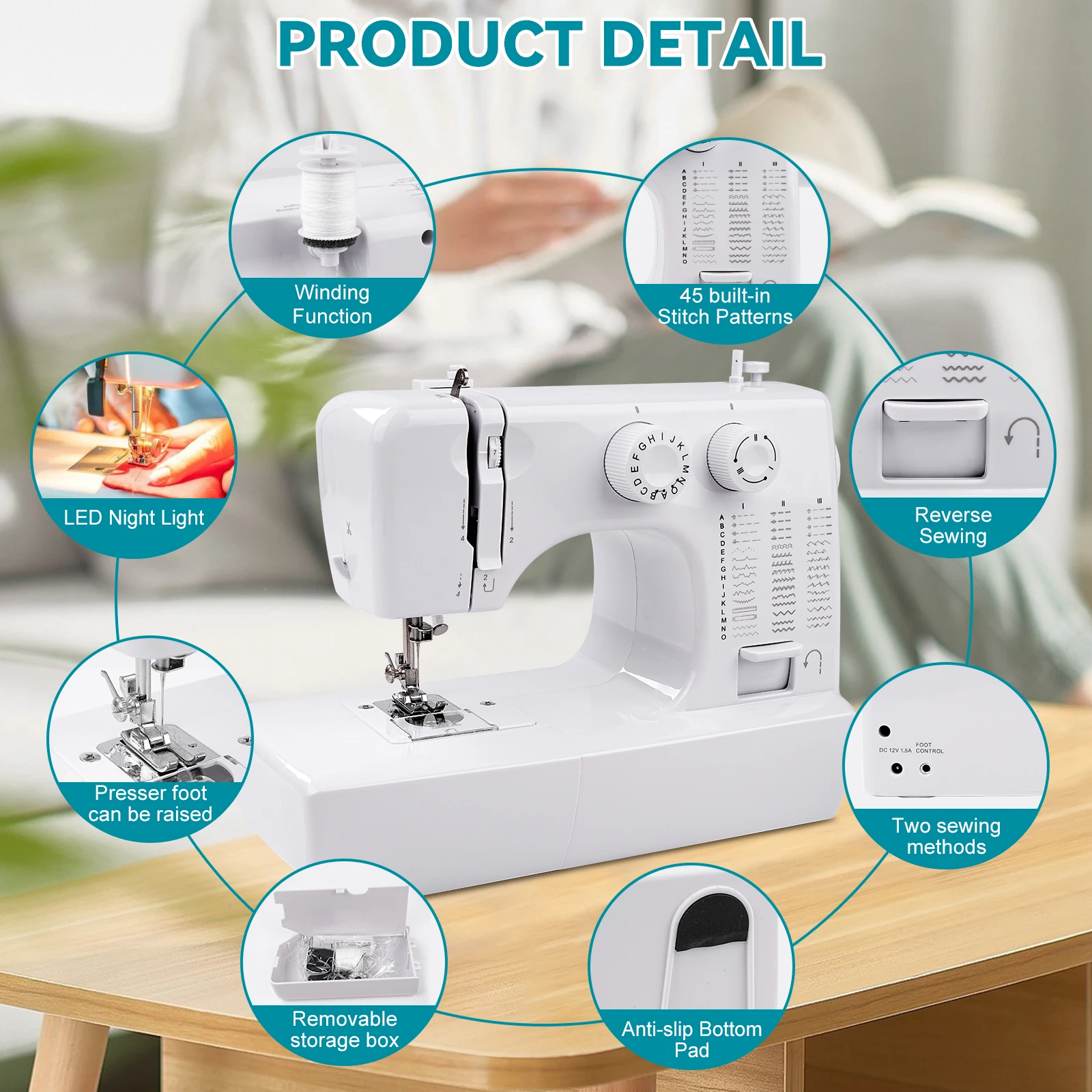 818 Mini elektrische Nähmaschine Haushalt 45 Stiche Nähmaschine mit 42-teiligem Nähset EU – Detail 8