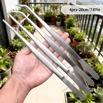 4-Piece Set (2 Straight + 2 Curved) Long Tweezers, Multifunctional Stainless Steel Tweezers for Planting and Cleaning, Durable and Sturdy, Suitable for Bonsai Care, Aquarium Maintenance, Home and Office Use, Useful Pla 1