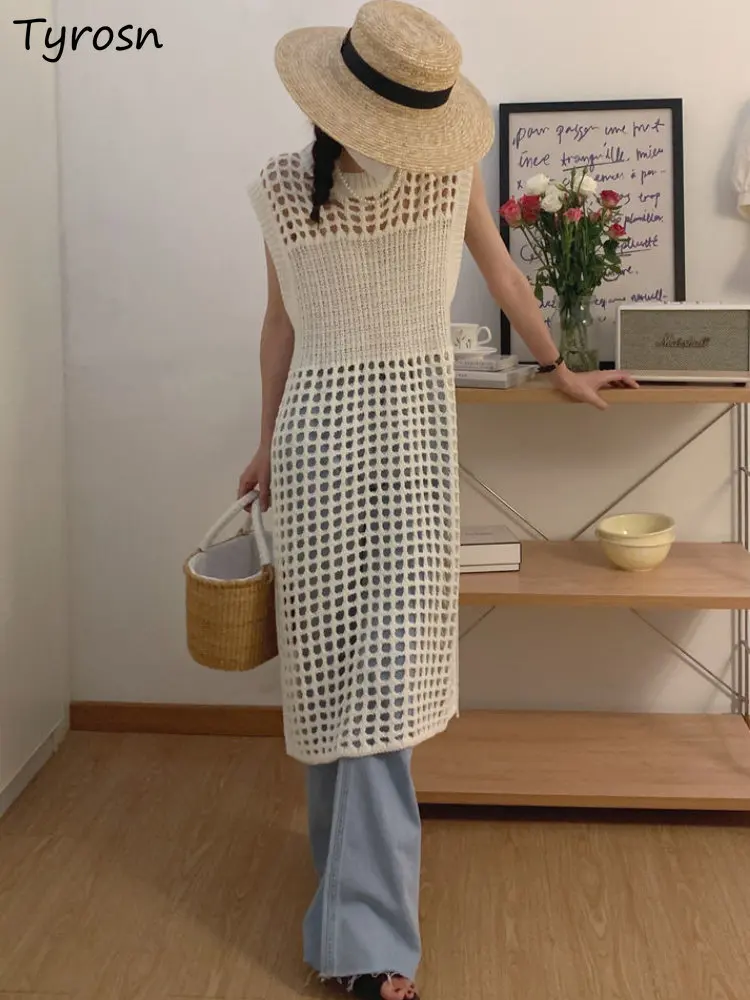 

Hollow Out Dresses Women Sleeveless Summer Retro Knitting All-match Slit Korean Style Casual Simple Pure Fashion Ladies Vestidos