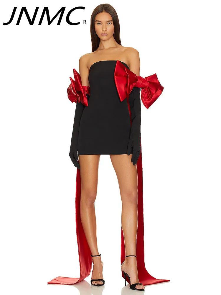 

JNMC Ladies Sexy Red And Black Bag Buttocks Wipe Chest Contrast Color Stereoscopic Bow Decorated Dress Temperament Evening Dress