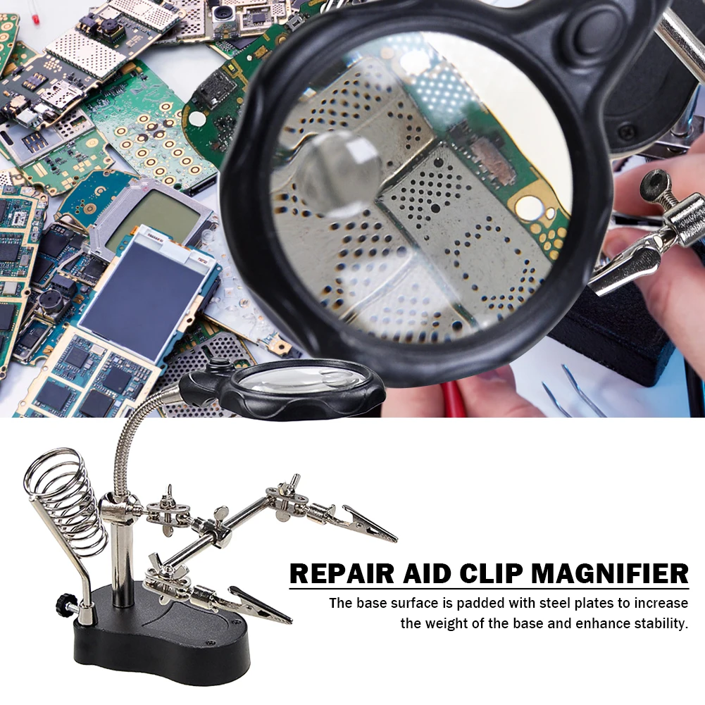 LED Clamp Soldering Iron Stand Magnifying Glass Soldering Repair Magnifier Helping Clamp Vise Clip Tool loupe Crocodile Clip SMD Hands