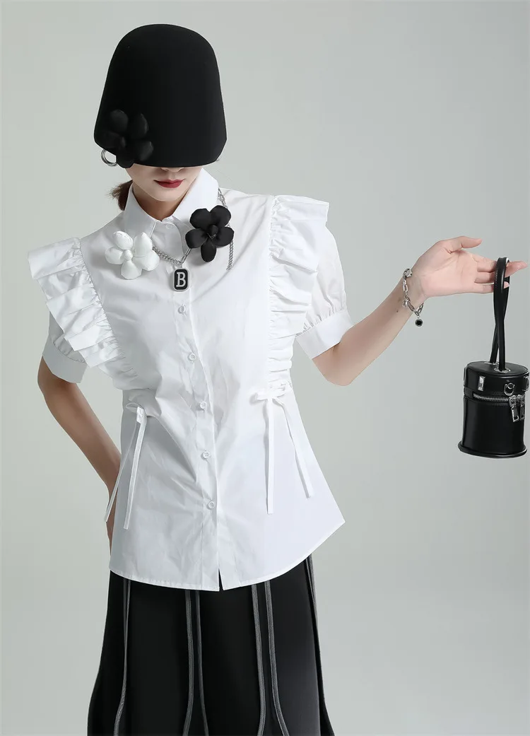 Zhongchuangrizhen 2024 summer new three-dimensional small flower lotus edge design shirt female lapel drawstring slimming top