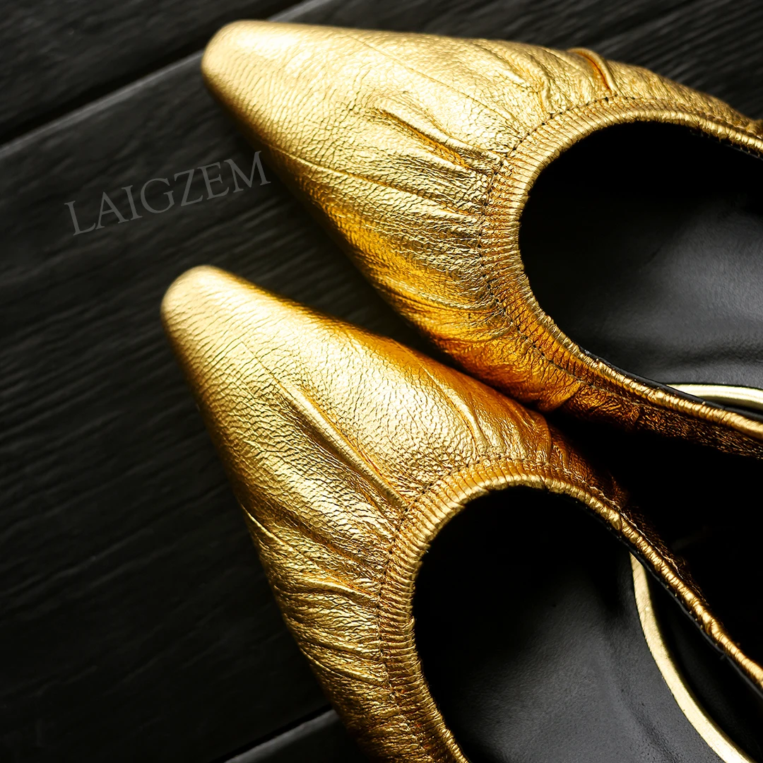 

LAIGZEM Women Pumps Genuine Leather Sheepskin 5.5CM Thick Heels Slingbacks Metallic Handmade Female Shoes Woman Size 36 37 39