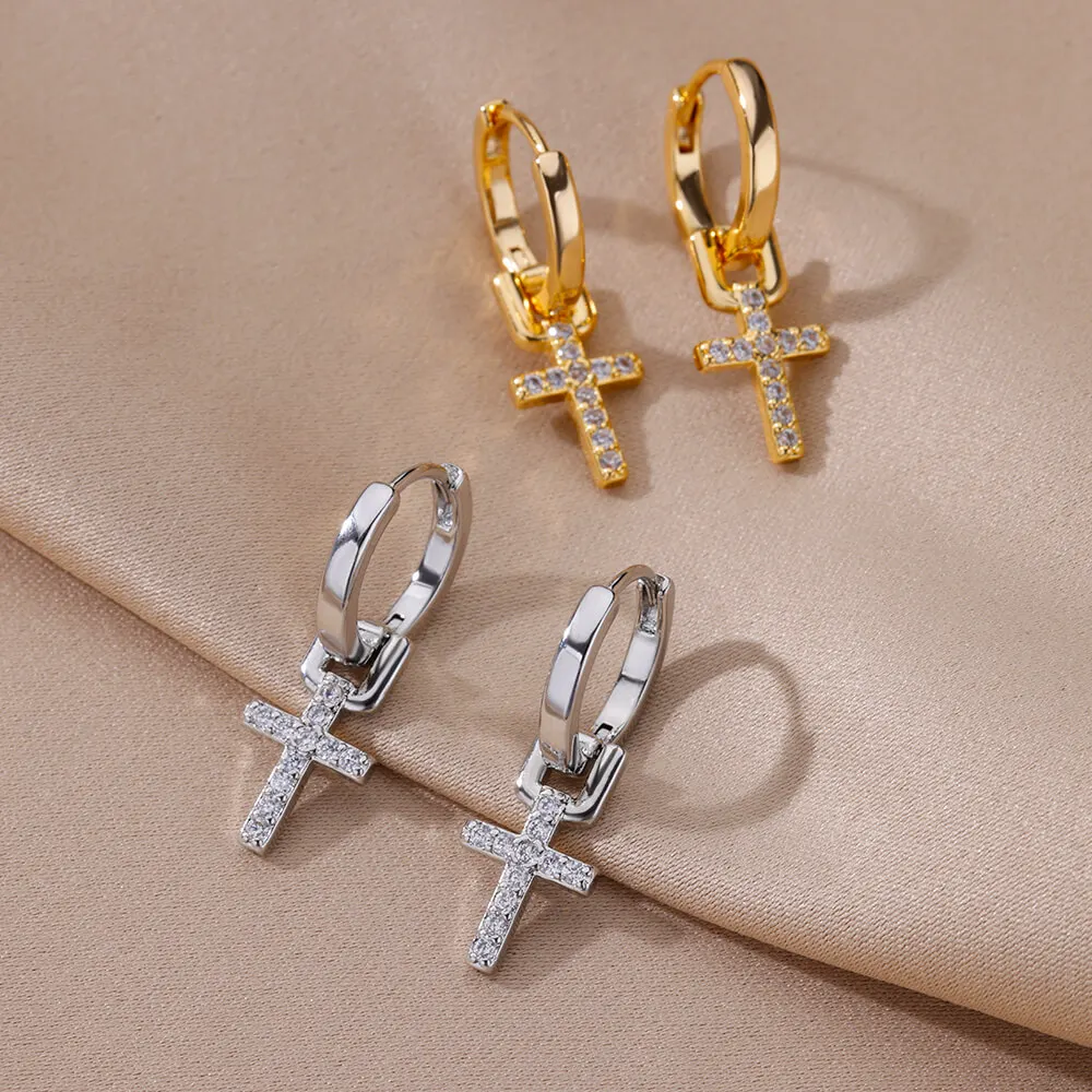 Zirkon Kreuz baumeln Ohrringe für Frauen Mädchen Edelstahl Kreuz Ohrring Trend Paar Hochzeit ästhetischen Schmuck Aretes