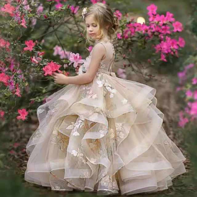 Customized Flower Girl Dress Champagne Sleeveless Tiered Tulle Applique Fit Wedding Princess Dress Holy Communion Birthday Gowns 3