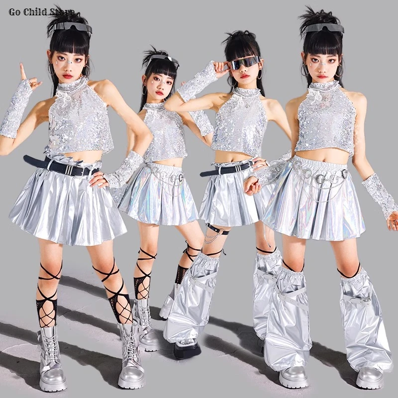 Hip Hop Girls Sequin Silver Crop Top Shiny Pleated Skirt Kids K