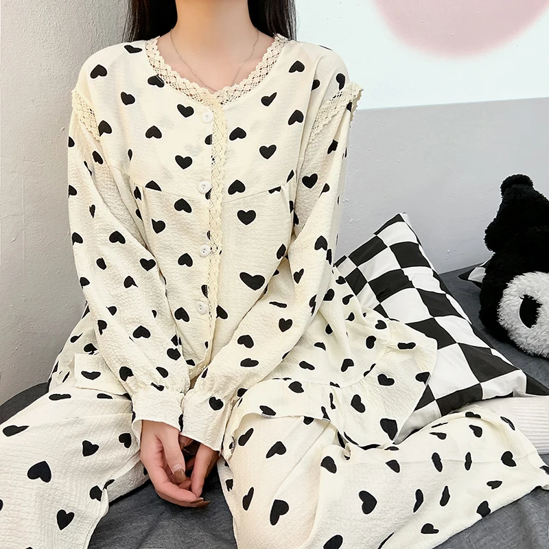 Spring and autumn pajamas women cardigan lace edge girls cute sweet casual long sleeve suit bubble wrinkled cloth home clothes