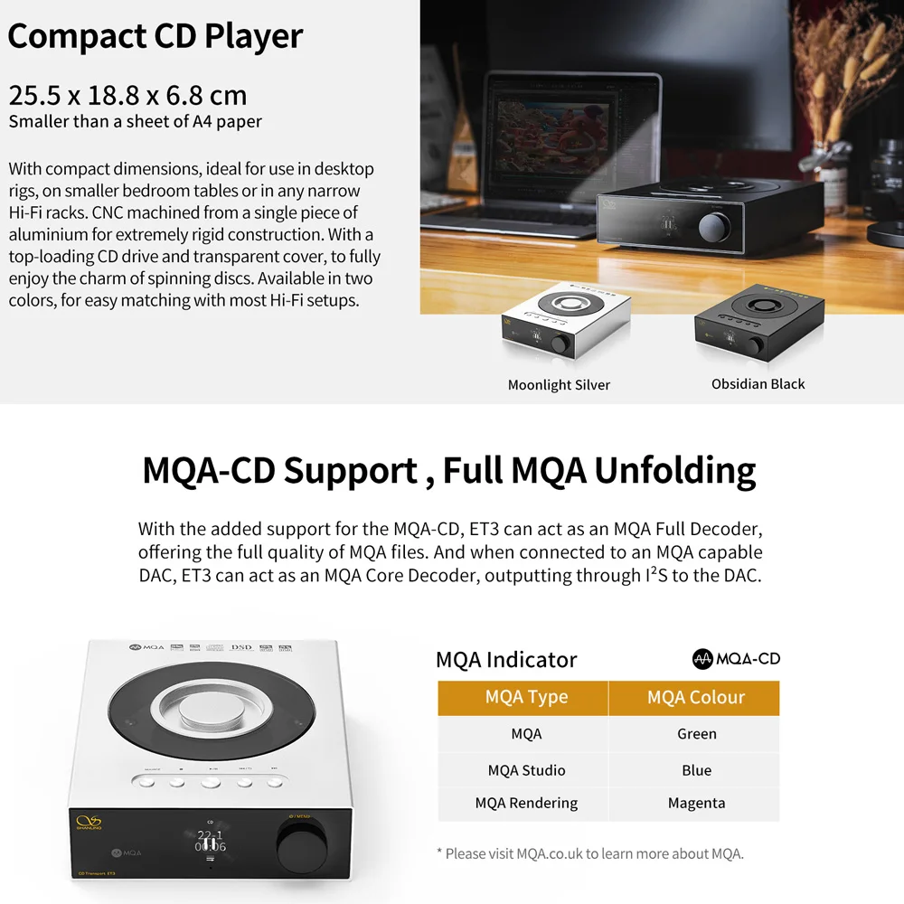 SHANLING ET3 HIFI CD Transport Player Full-Featured Digital Turntable Bluetooth 5.0 MOQ-CD MQA Full Decoder I2S to DAC DSD 512