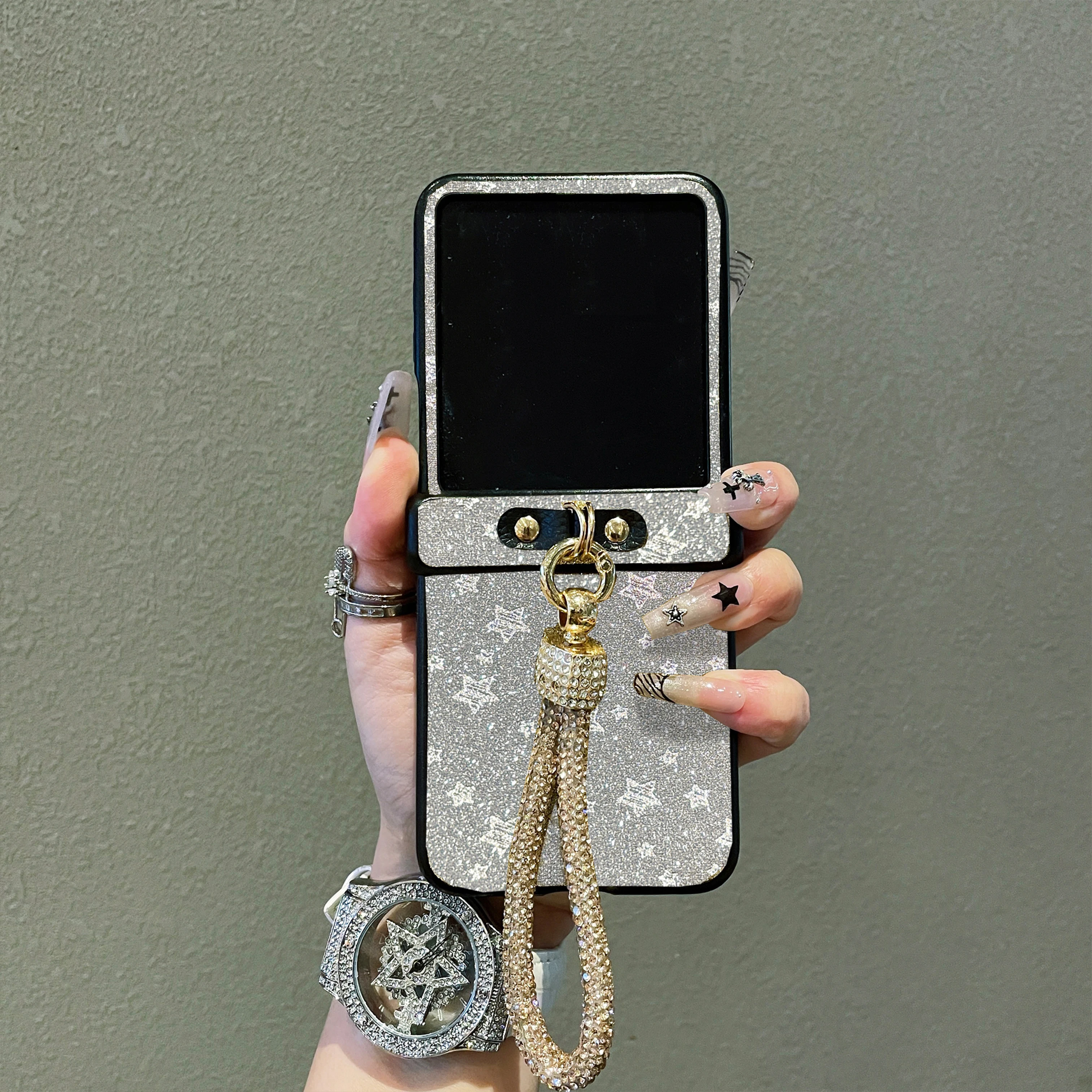 Luxury Glitter Stars Phone Case with Diamond-Plated Strap and Matte Finish