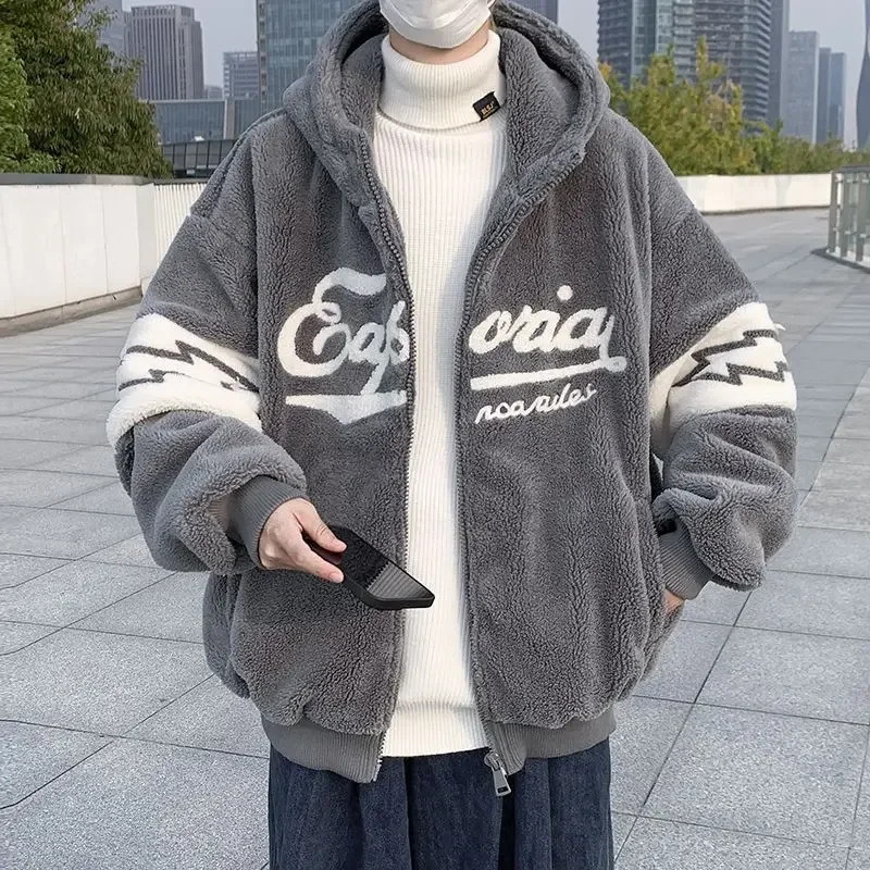 

Autumn and Winter Granular Plush Jackets for Men Trend Plush and Thickened Parkas Lamb Cashmere Jackets Student Winter Clothes