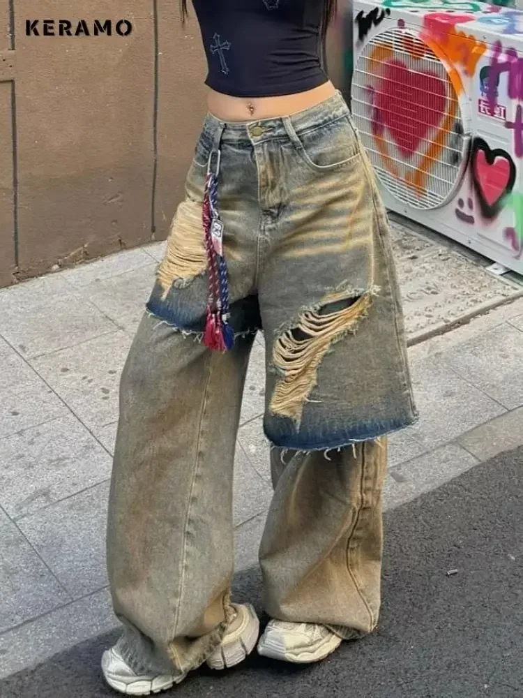 パンツ Fringe Wide Jeans Y2K Grunge High Waisted Grunge Jeans for Women Alternative Vintage