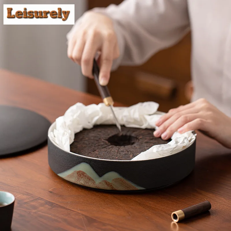 Hand Drawn Far Mountain Tea Cake Tea Box Organizer Moisture-proof Handmade Storage Tank Containers Tea Caddy Tableware Ornaments