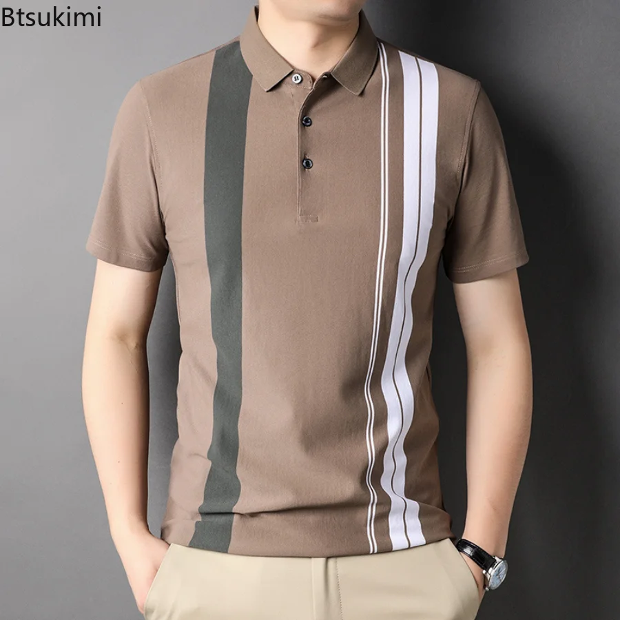 

Men's Cotton Short Sleeve Shirts 2023 Turn Down Collar Stripe Polo Shirts Men High End Men's Summer Clothing Ropa Hombre Formal