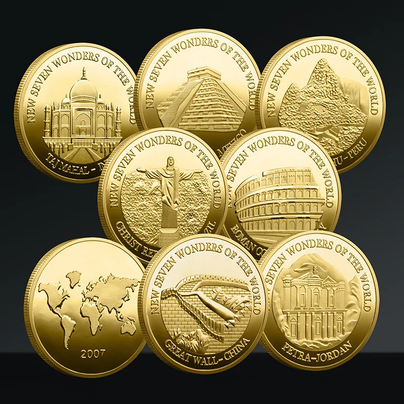 7pcs/Set Seven Wonders of The World Coin Collection Plated Gold Silver Commemorative Coin Badge Travel Collection Coin