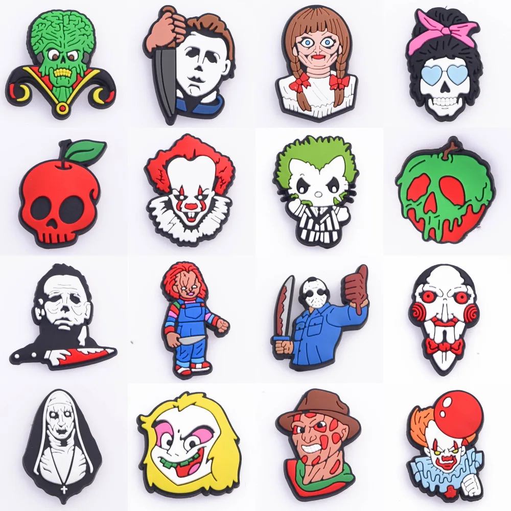 

Cartoon Movie Croc Charms Scary Skeleton Clown Garden Shoes Accessories PVC Shoe Decorations Fit Kids Croc JIBZ Halloween Charm