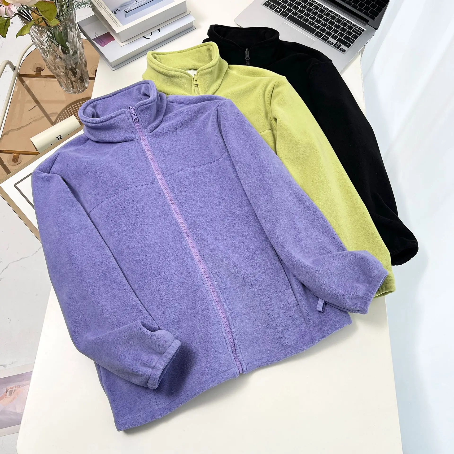 XXXXXL FASHION PLUS SIZE WOMEN'S Polar Fleece Jacket 2025 Autumn/Winter New Simple Solid Color Warm stand-up Collar Coat 2604