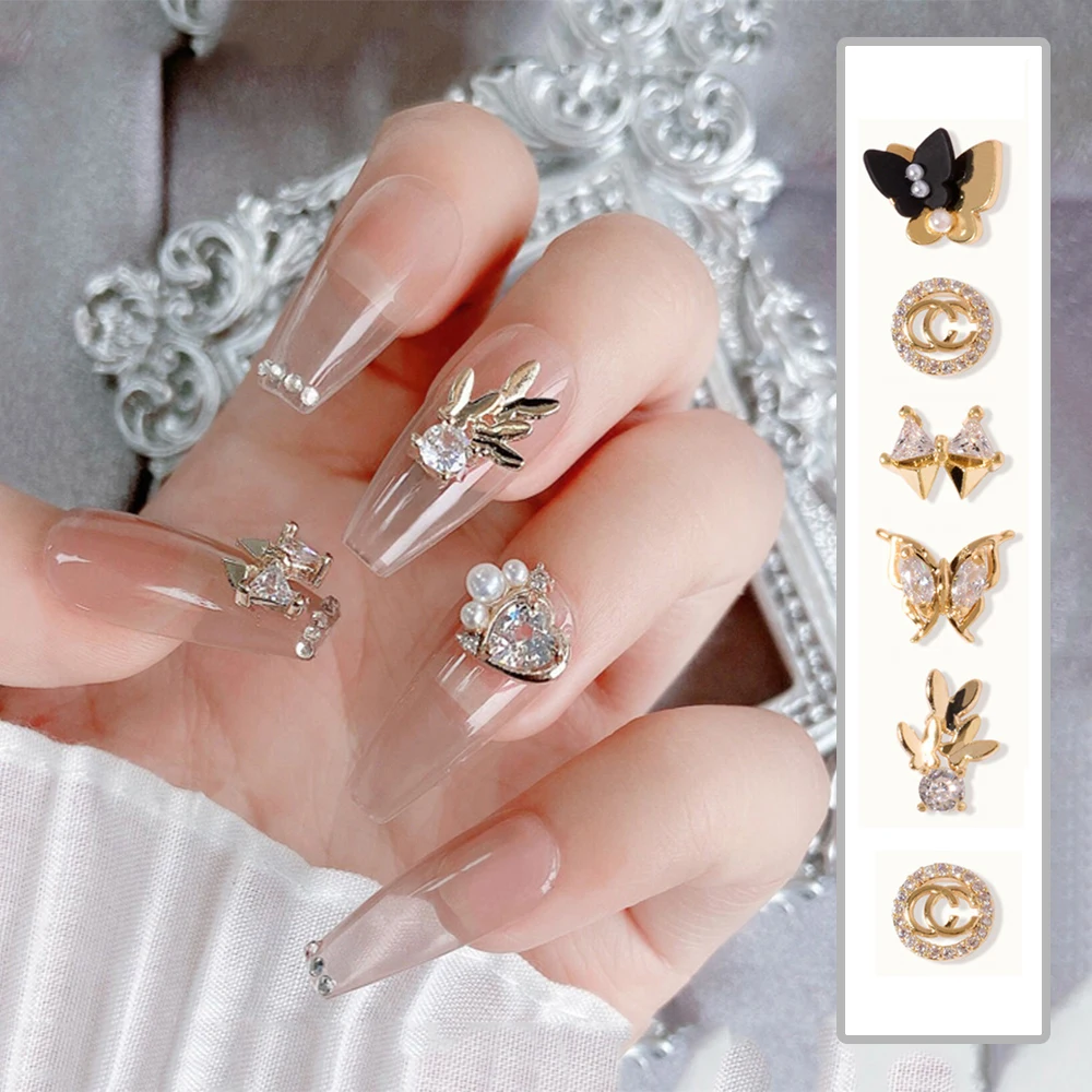 

1Pc Nail Art Diamond Double Layer Three-dimensional Butterfly Metal Zircon Love Pearl Bowknot Chain Nail Jewelry