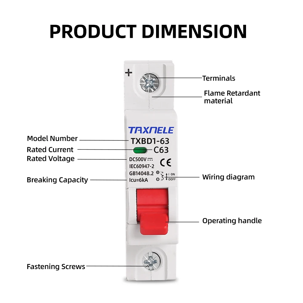 1P DC 500V MCB Solar Mini Circuit Breaker Overload Protection Switch 6A 10A 16A 20A 25A 32A 40A 50A 63A Photovoltaic PV