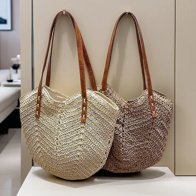 Bolsa De Playa Bolsos De Rafia De Paja: Juego De Bolsas De Hombro