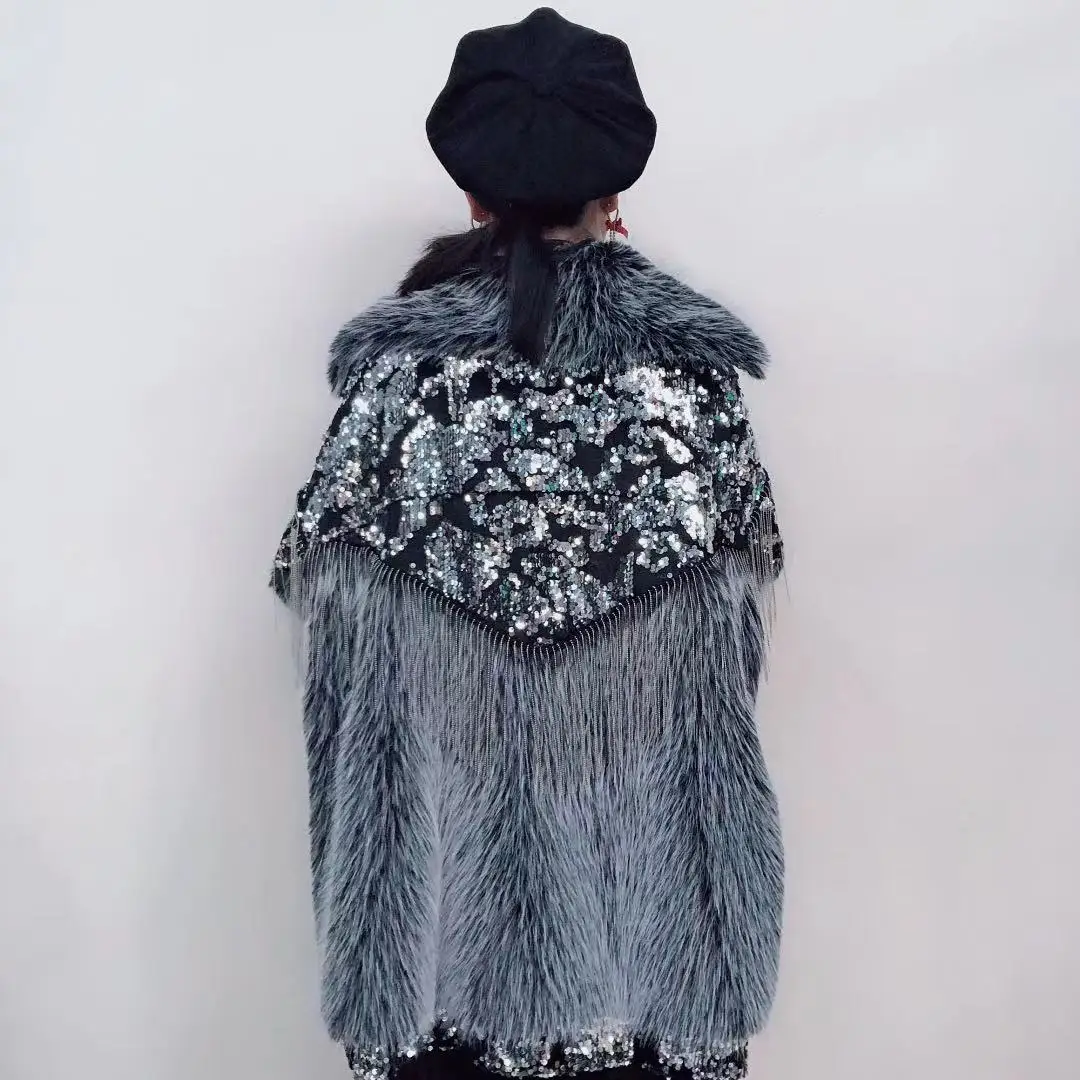 Winter Trendy Fashion High Street Tuscan Fur Coat Women's Sequin Tassel Stitching Lamb Wool Fur Jacket Oversized Coat