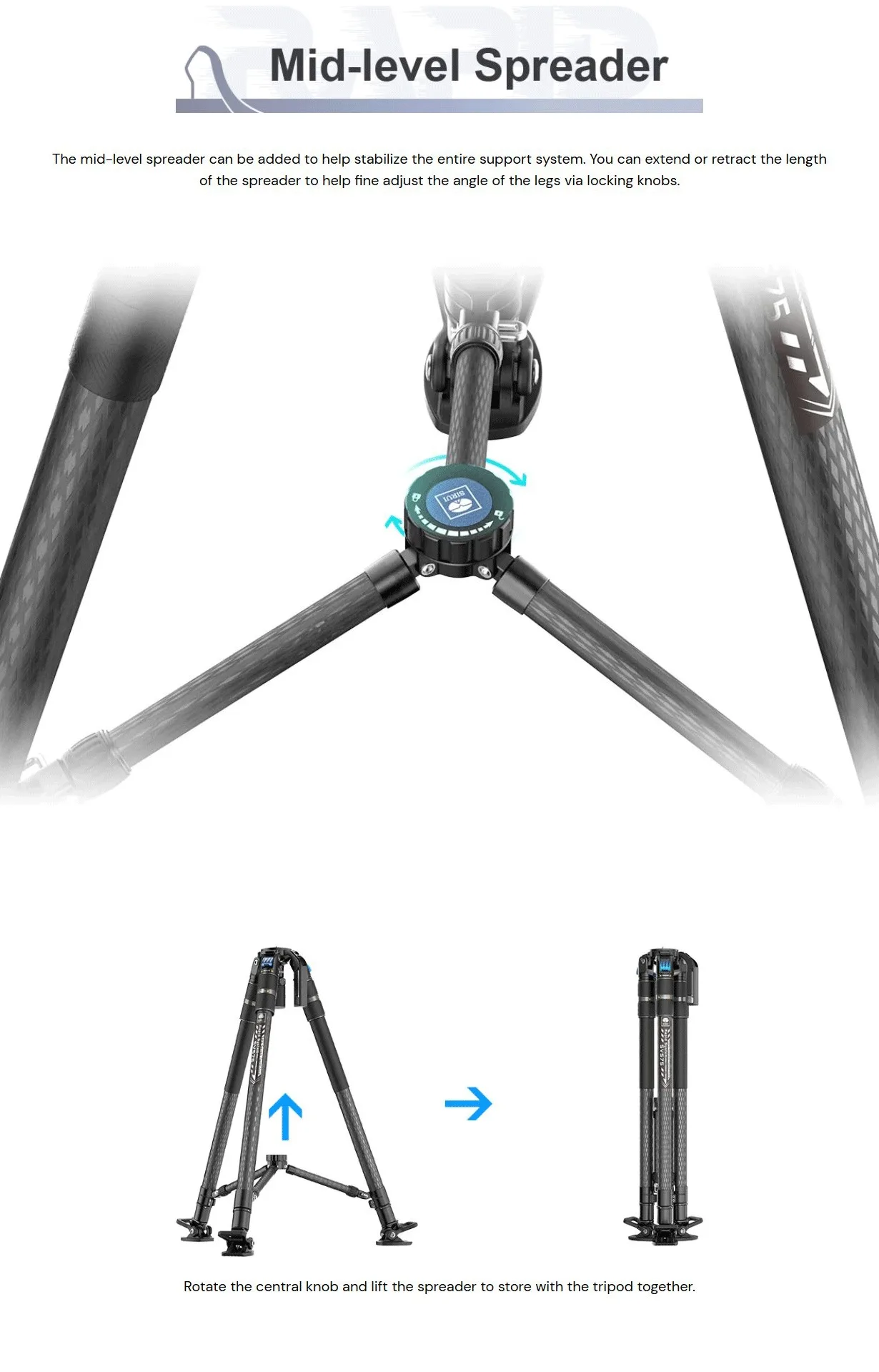 SIRUI SVS75 Rapid System One-Step Height Adjustment Carbon Fiber Tripod Lightwei