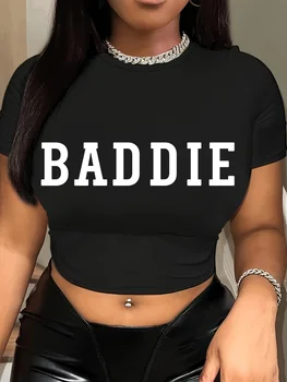 Letter Print Crew Neck Crop T-Shirt Casual Short Sleeve T-Shirt for Spring & Summer Women's Clothing Aesthetic Clothes 1