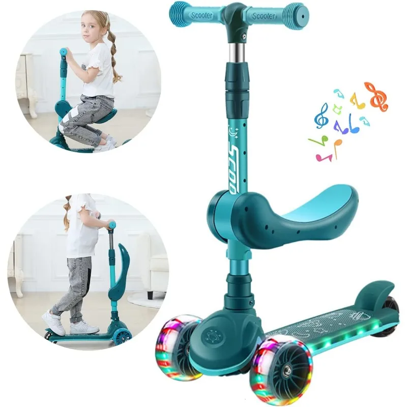 2-in-1 Kids Kick Scooter with LED Lighted Wheels Adjustable Height Wide Deck 3 Wheel Sit/Stand Outdoor Toy