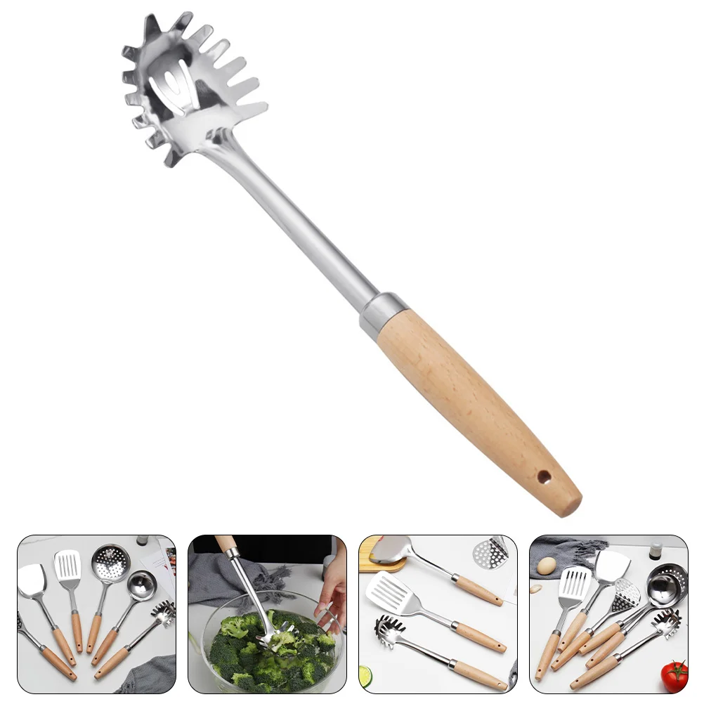 

Hemoton Serving Spoons Stainless Steel Spaghetti Spoon Stainless Steel Spaghetti Server Pasta Fork Wood Handle Noddle Fork Ladle