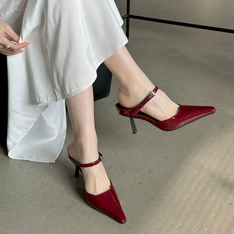 Wine Red Female Slip On Footwear Stiletto Heels Shoes For Women Pointed Toe Fashion Metal Buckle Ladies High Heels Pumps Shoes 5