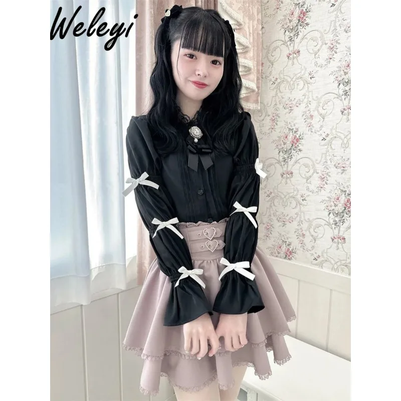 

Sweet Japanese Girl Shirt Autumn/Winter Kawaii Women Long Sleeve Bow Three Section Sleeves Stand Up Neck Bottoming Blouse Female