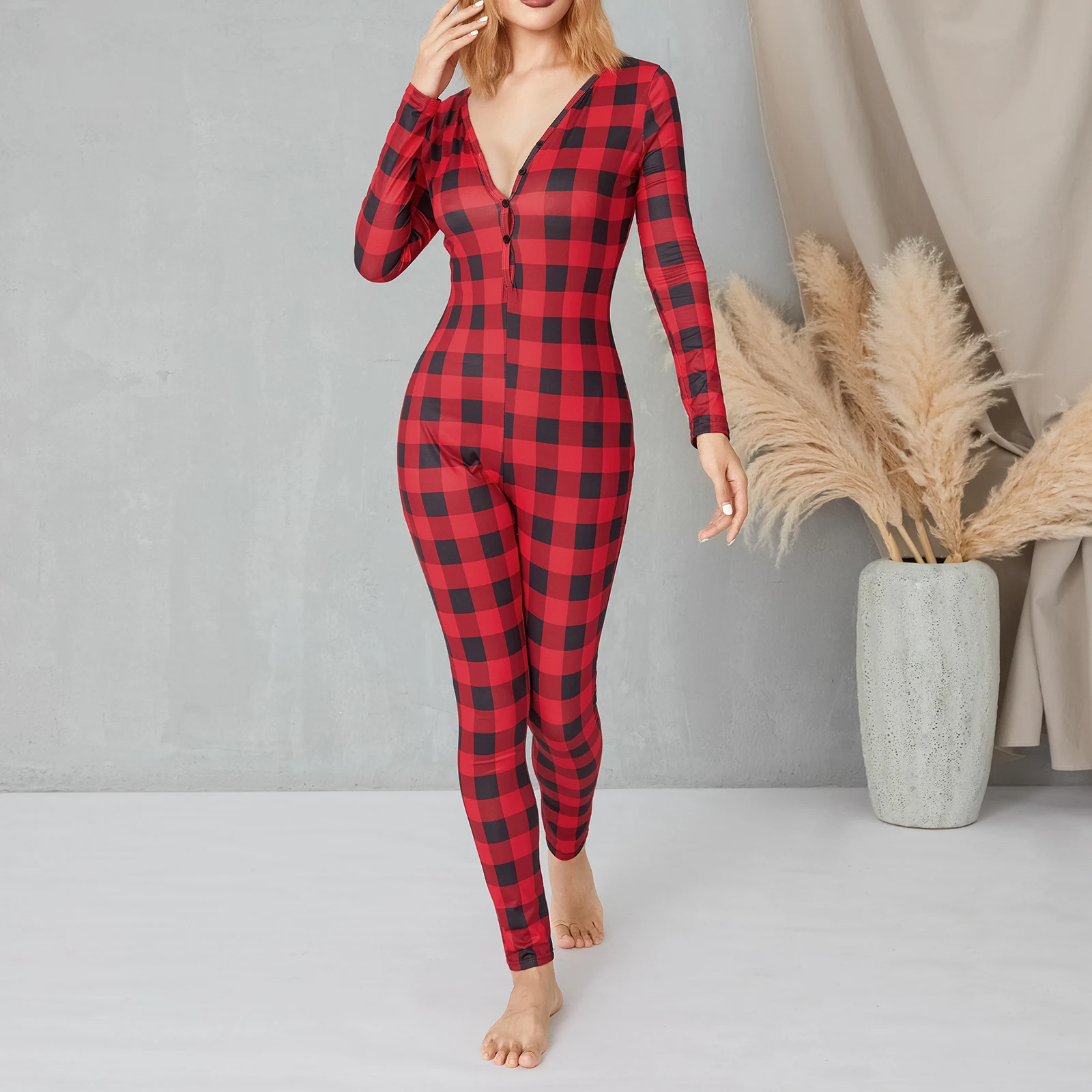 Women Spring Fall Sleep Romper Plaid Jumpsuit Elastic Casual Long Sleeve Deep V-Neck Buttons Pajama Home Wear Clothes