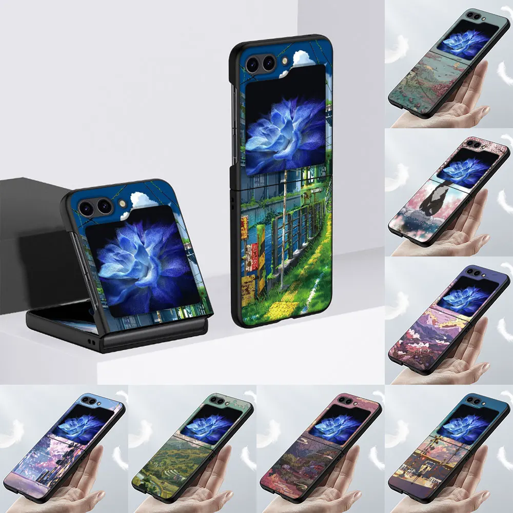 Custodia Per Paesaggi Dipinta A Mano Anime Giapponese Per Samsung Galaxy Z Flip5 Borsa Per Telefono Z Flip 5 Hard Pc Cover Nera Zflip5 Guscio Pieghevo
