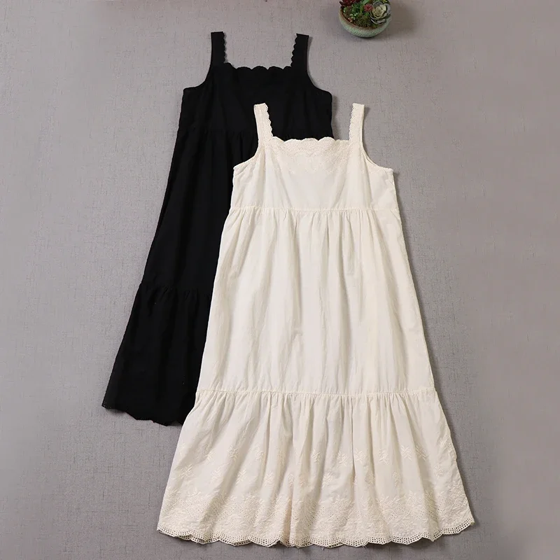 

Japanese Mori Girl Lace Hollow Out Sleeveless Slip White Dress Women Spring Summer Spaghetti Strap Cotton Linen Vintage Dresses