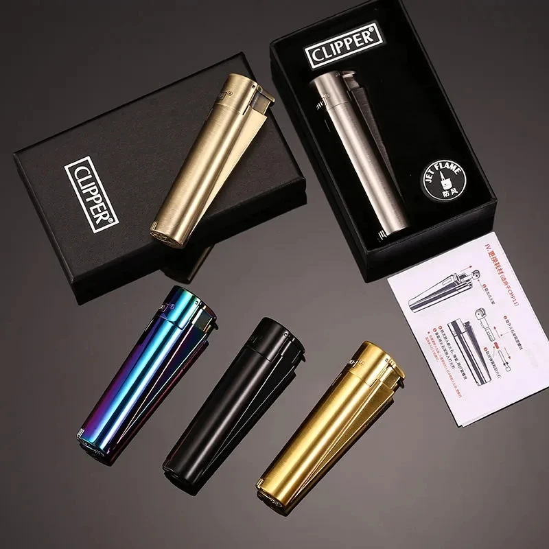 Clipper Metal Lighter Straight Jet Gas Blue Flame Windproof Lighter Flame Outlet With Dust Cap Butane Torch Men Gadget