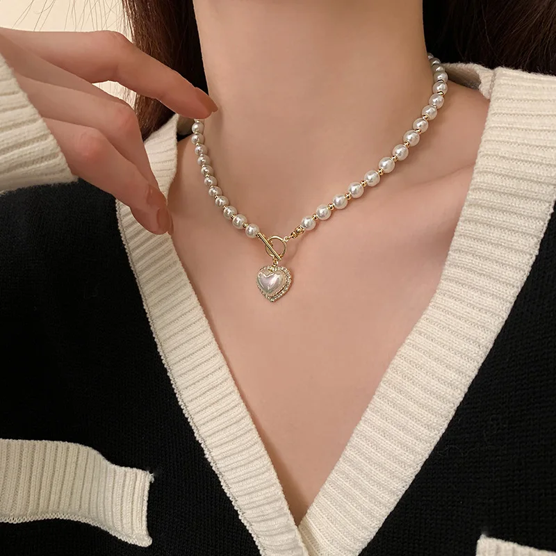 Big White Imitation Pearl Bead Necklace for Women Heart Star Butterfly  Pendant Necklace Wedding Party Jewelry Collier Femme