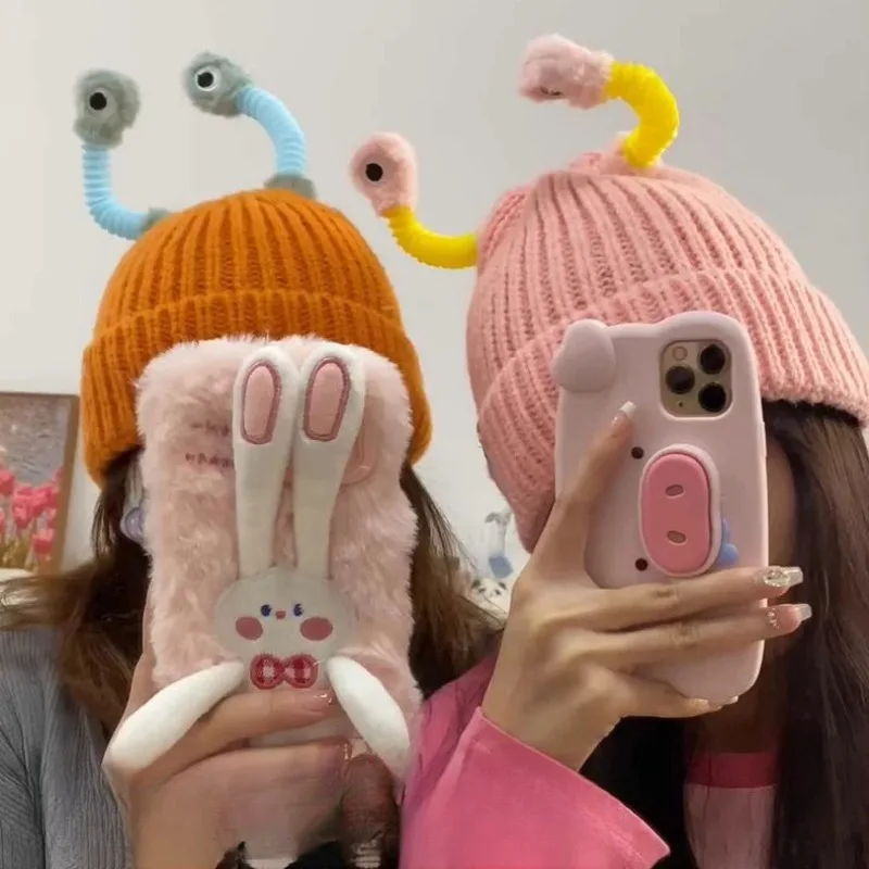 Luminous Antennae Eyes Cartoon Funny Women's Knitted Hat for Autumn and Winter Warmth, Multifunctional  Wool, Practical