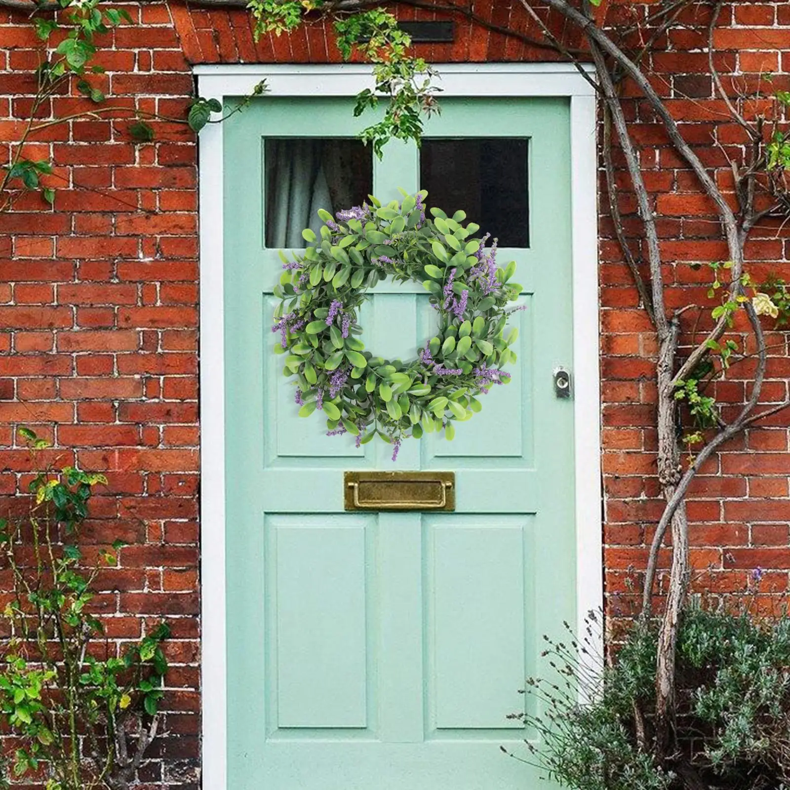 Dremisland Eucalyptus deurkrans voor de voordeur 55 cm Kunstmatige deurkrans met lavendel bloemenkrans, faux groene bladeren, eucalyptus slinger, decoratieve tafelkrans, wandkrans voor voordeur, raam