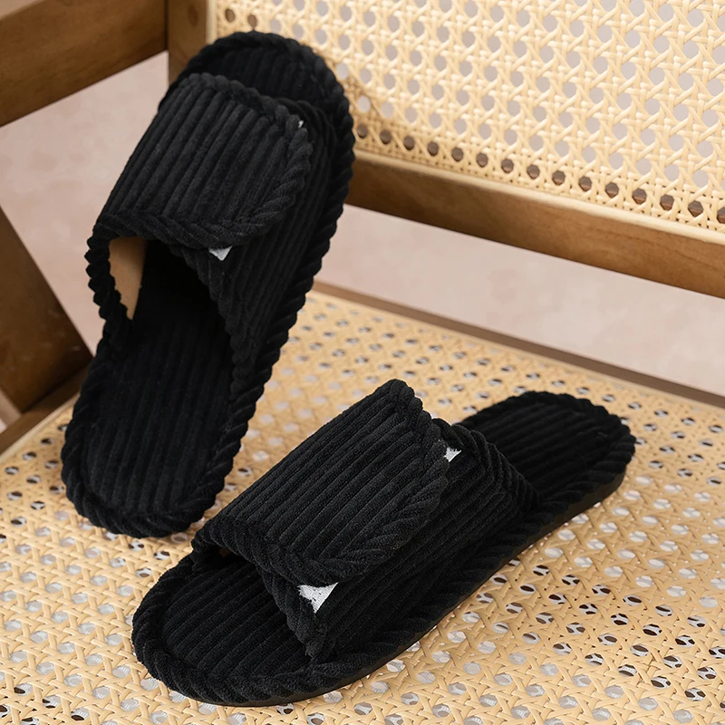 Simple Flat Heel Home Slippers Women Corduroy Open Toe Indoor Bedroom Slides Woman Comfortable Lightweight Non Slip House Shoes