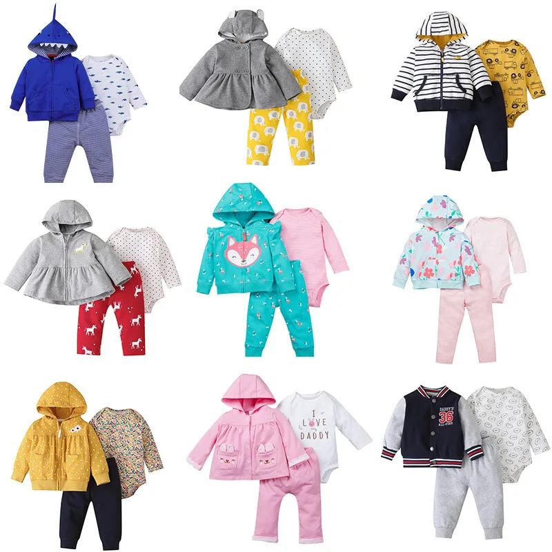 

Bodysuit Clothes for Newborns Baby Cartoon 3 Pieces Zipper Coat Baby Fashion Clothes Crawl Suit Printed Long Sleeve Onesie