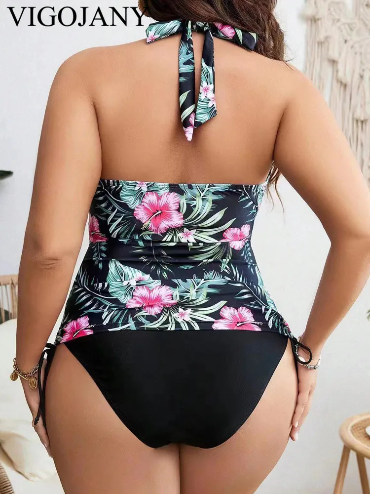 VigoJany Sexy Print Tied Halter 2 Piece Plus Size Tankini Women High Waist Push UP Swimsuit Backless Beach Bathing Suit