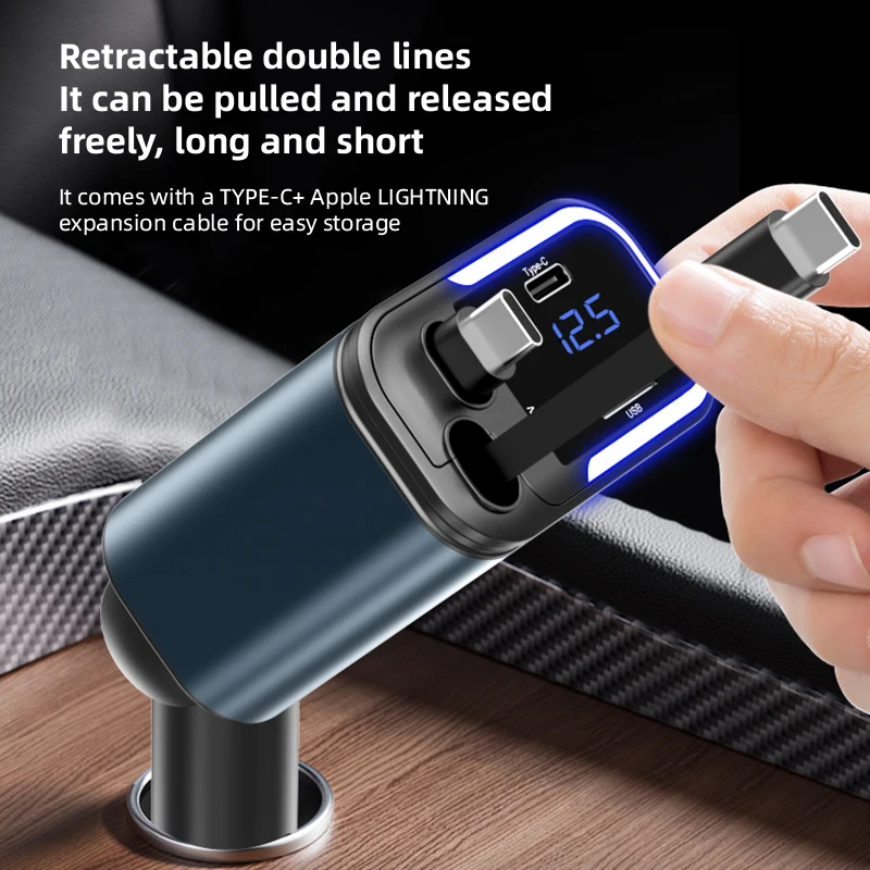 4-in-1 PD30W Car Fast Charger USB Type-C Power Adapter Retractable Phone Charger With Roof Starlight For IOS Android Phones