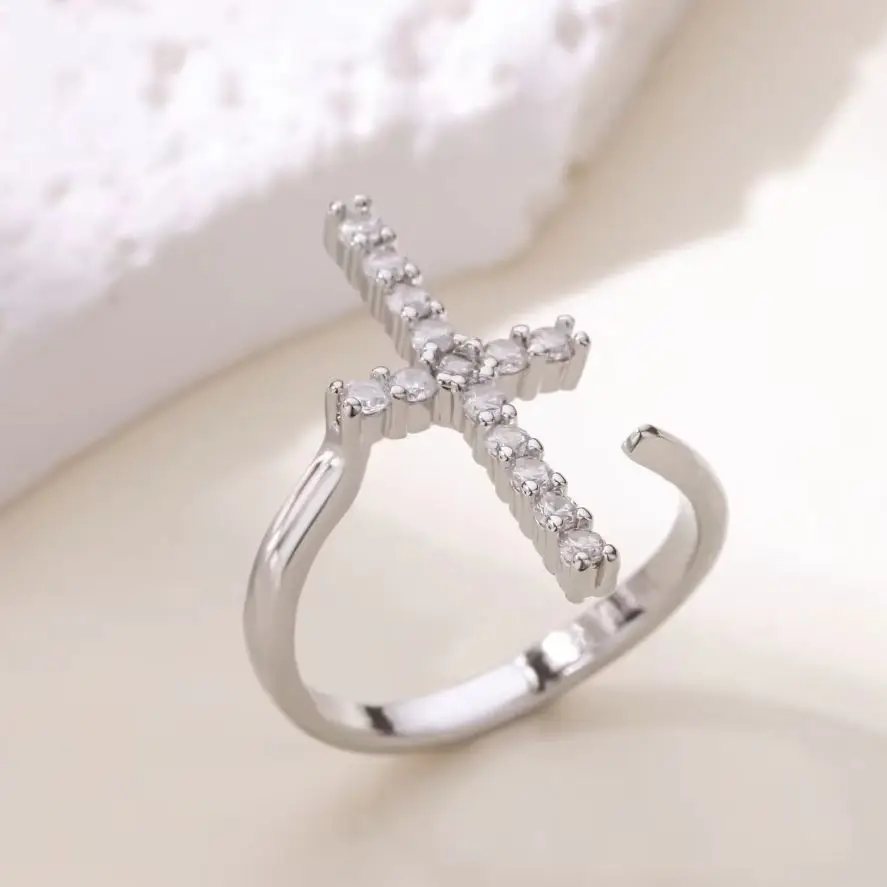 Luxury Zircon Cross Rings For Women Stainless Steel Crystal