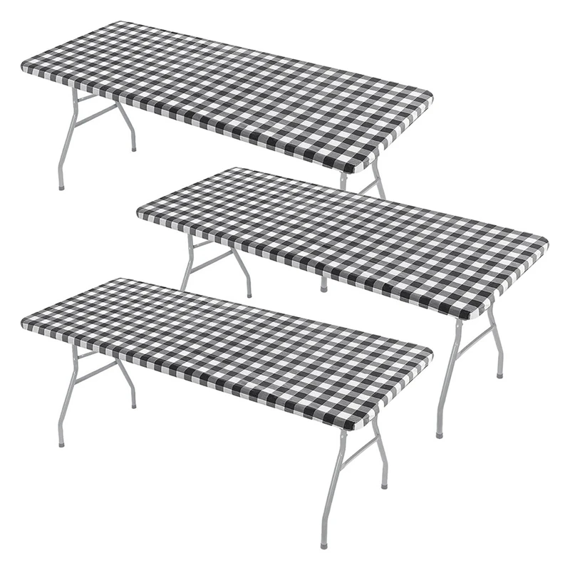 

3 Pcs Tablecloth For Table,Stretch Waterproof Elastic Vinyl Picnic Table Cover With Flannel Backed Lining (Black)