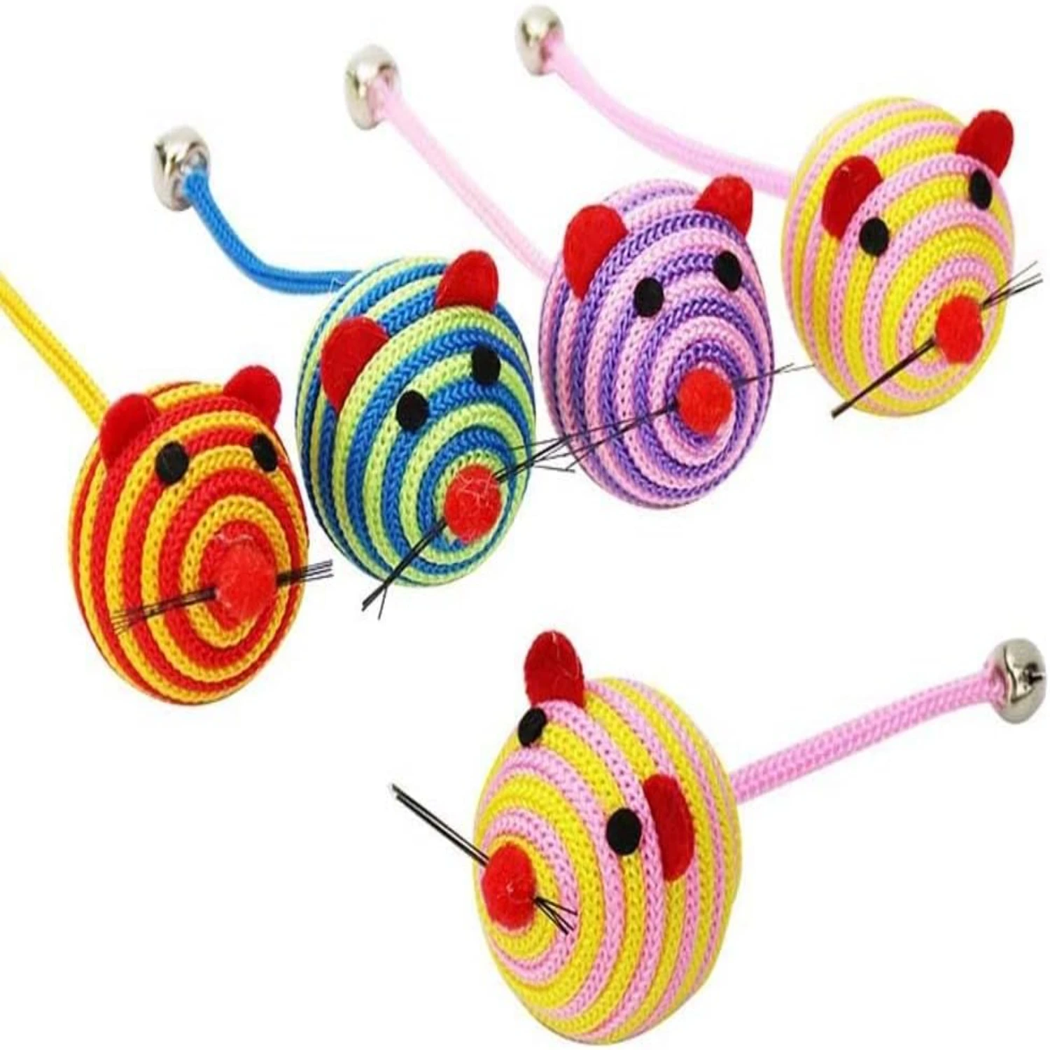 Pet Cat Toys Lovely Stripe Nylon Rope Round Ball Mouse Long Tail Cat Bite Play Toy with Interactive Chew Toy(Random color)