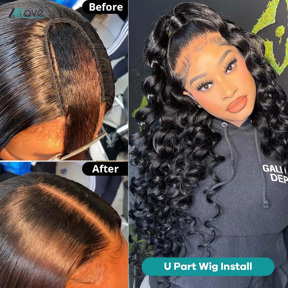 Allove U Part Human Hair Wig Brazilian Remy Hair 2x4 U Part Wig Loose Deep Wave Full Machine Made Wigs For Black Women