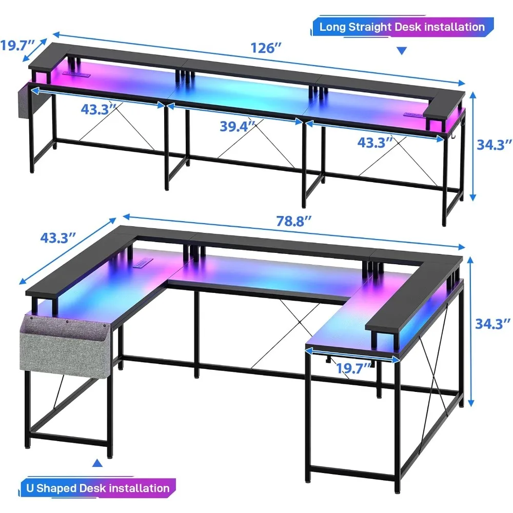 U Shaped Computer Gaming Desk, Reversible L Shaped Desk with Power Outlets, LED Strip & Monitor Stand, Large Corner Desk with S 3