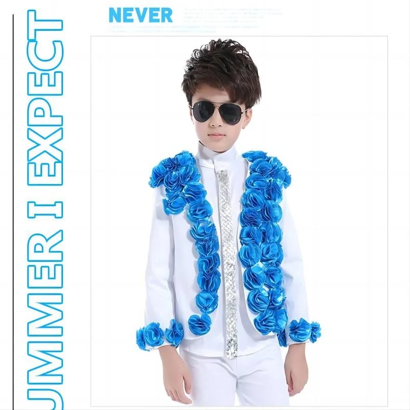 2024 Children Blue Rose White Suit Modern Jazz Dance Performance Stage Costumes Boys Girls Hip Hop Dance Rave Clothes DN18052