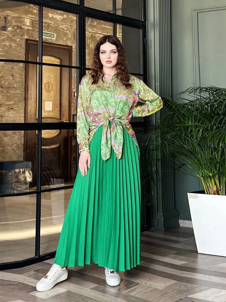 

Women Eid Muslim Sets Musulman Ensemble Two Pieces Flowers Single Breasted Button Blouses Pleated Skirts Arab Morocco Casual