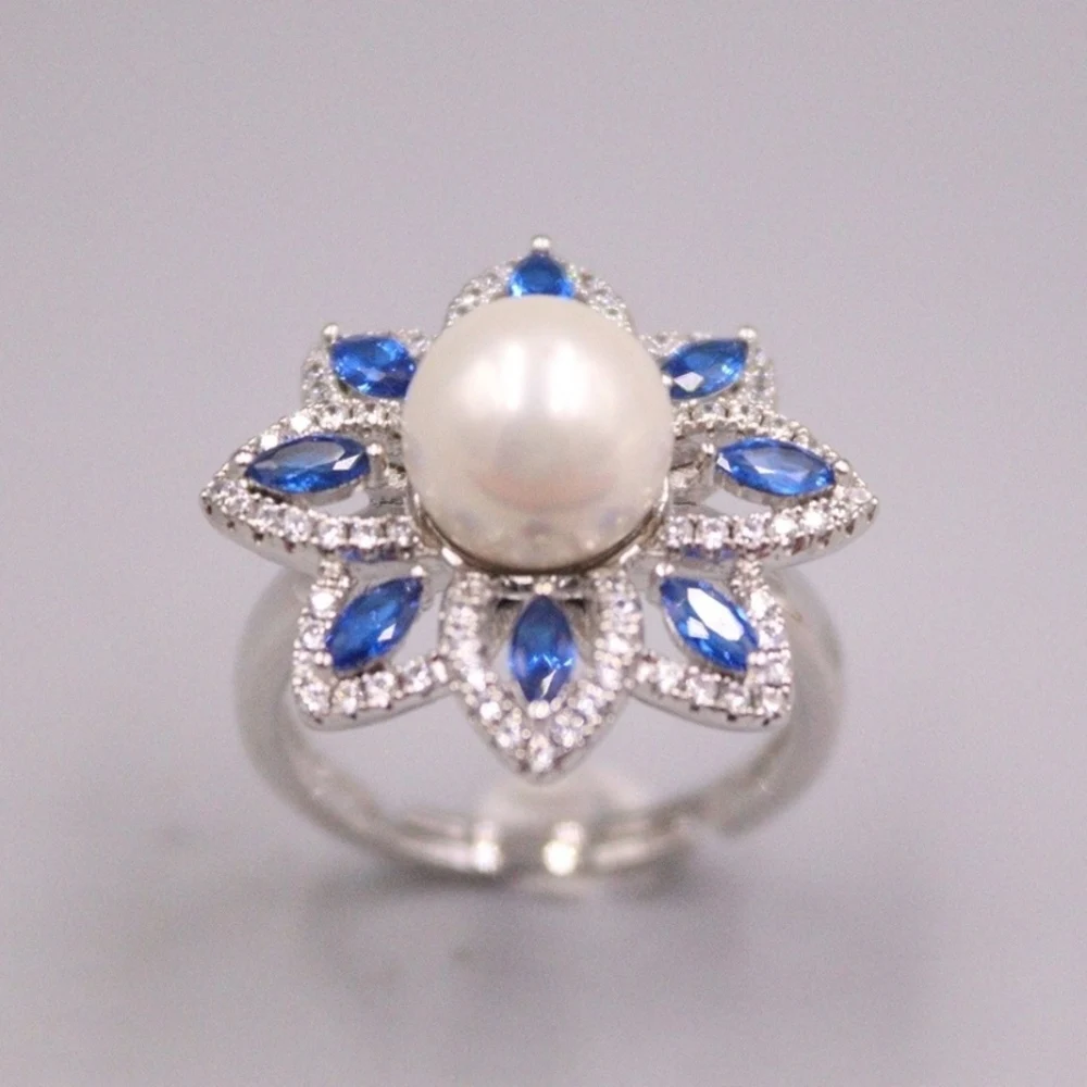 

Real Solid 925 Sterling Silver Band Women Lucky Gift Pearl Zircon Flower Ring